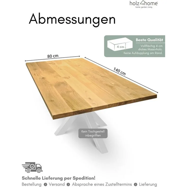 holz4home® Esstischplatte Massivholz Eiche I Gerade Kante I Massivholzplatte Naturgeölt Echtholz, Vollflächig 4cm dickes Massivholz