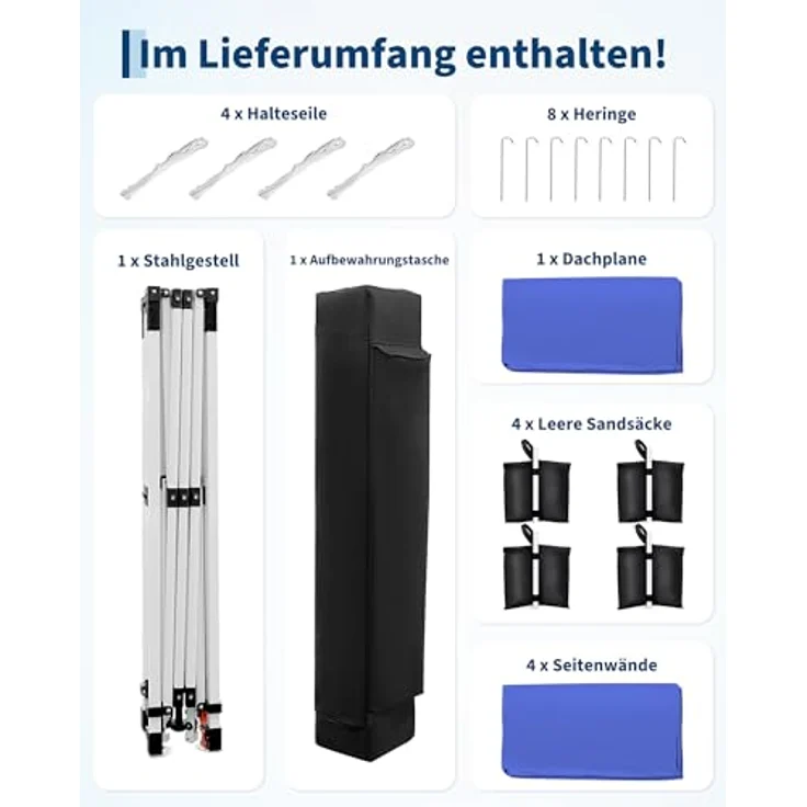 Faltpavillon 3x3 m wasserdicht stabil mit 4 Seitenwänden – Pop up Pavillon faltbar aus 420D Oxford, UV-Schutz 50+, 3-Fach höhenverstellbar, Partyzelt mit Tragetasche für Garten & Outdoor (Blau) – Bild 8