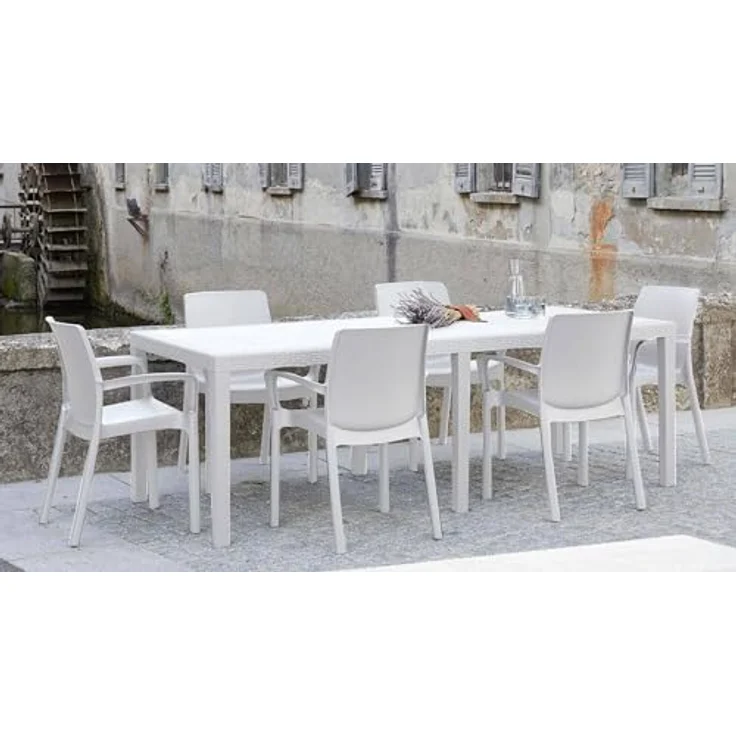 Dmora - Außentisch Roma, ausziehbares rechteckiges Esszimmerregal, ausziehbarer Gartentisch in Rattanoptik, 100 % Made in Italy, 150/220 x 90 x 72 cm, Weiß – Bild 3