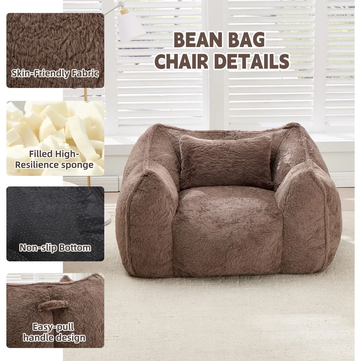 Riesiger Sitzsack mit Kissen, bequeme große Sitzsäcke für Erwachsene und Kinder, Kunstfell-Bodensofa für Wohnzimmer, Schlafzimmer und Wohnung, Khaki--khaki--123x97x73cm--YOUDENOVA – Bild 4