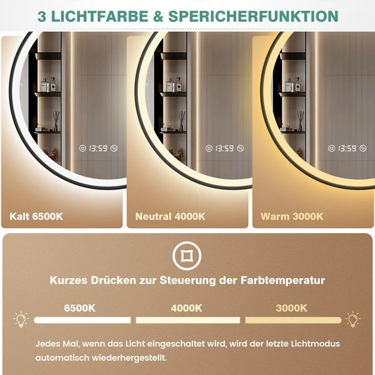 Pesenxan Runder LED Badspiegel Ø 70 cm, dimmbar, 3 Lichtfarben & Antibeschlag, 3-in-1-Touchsteuerung, 24h-Digitaluhr, mattschwarzer Aluminiumrahmen, für Badezimmer, Schwarz – Bild 2