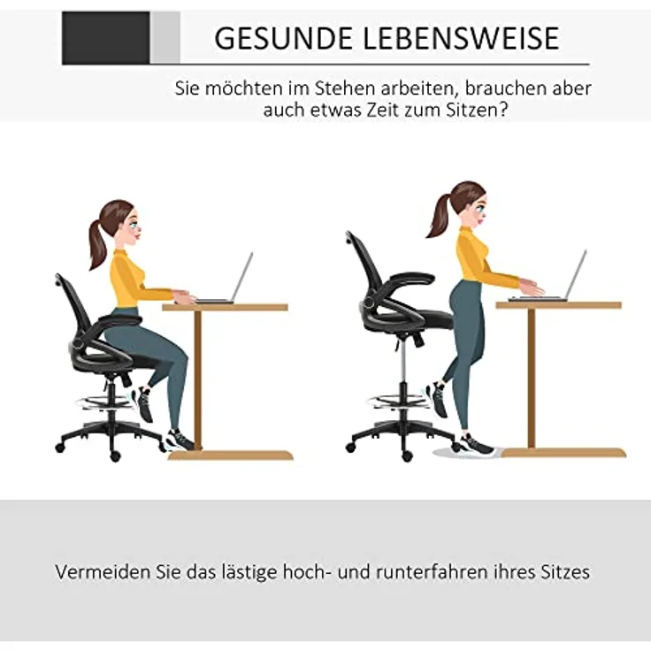 Vinsetto Drehstuhl Mesh, Schwarz, ergonomisch, höhenverstellbar, mit hochklappbaren Armlehnen, 60x126x64 cm – Bild 5