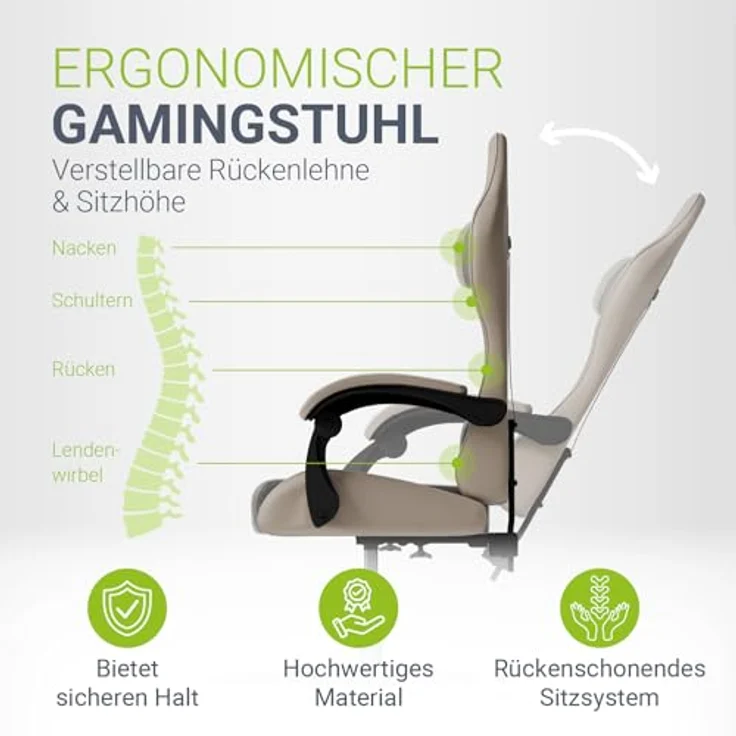 Juskys Gamingstuhl HyperSeat, verstellbare Rückenlehne, höhenverstellbarer Drehstuhl, Kunstleder, ergonomisch, für Büro & Gaming Setup – Beige/hellgrau – Bild 5