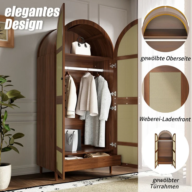 DESVIAE Garderobenschrank Walnuss aus MDF/Spanplatte – 80x179x50 cm – Rattantüren, Schubladen – Bild 6