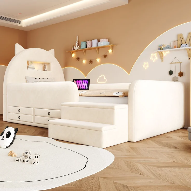 LVHOM Kinderbett 90x200cm mit Rausfallschutz, Polsterbett mit Nachtlicht, USB, Schubladen und Stufenbank, Samt, Beige – Bild 4