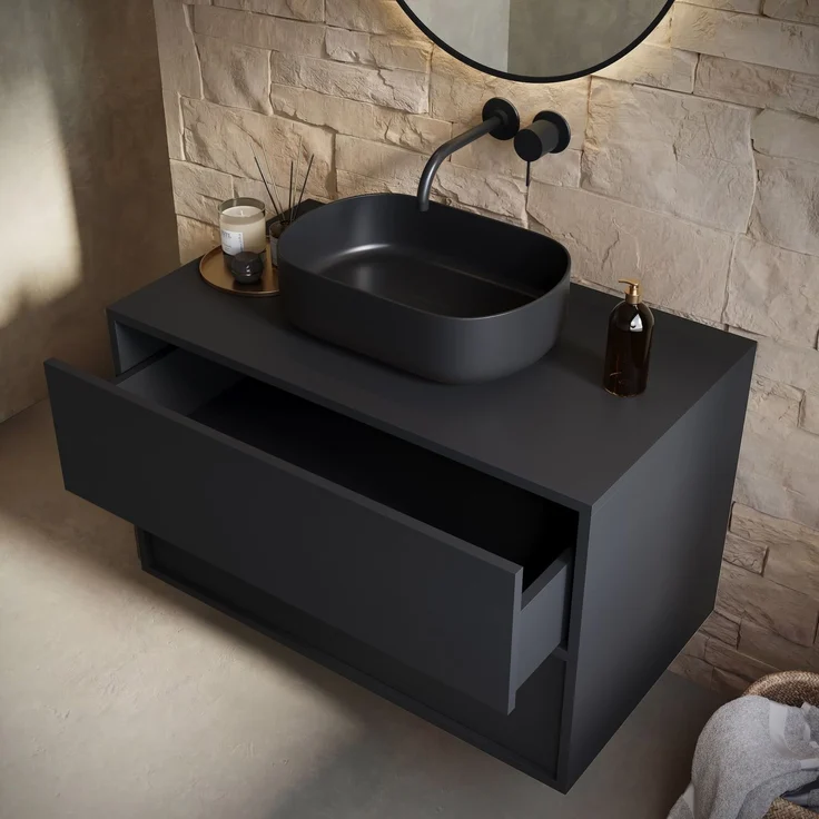 Badplaats Waschbeckenunterschrank Mali 80 x 46 cm Mattschwarz - Hängender Badezimmerschrank mit 2 Schubladen und Montagematerial – Bild 3