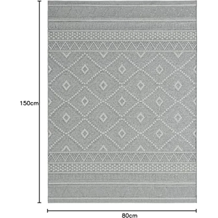 the carpet Calgary - robuster Teppich, Flachgewebe, modernes Design, ideal für Küche und Esszimmer, Vintage-Optik, Boho-Style, besonders flach, auch für den Außenbereich, Grau-Raute, 80x150 cm – Bild 3