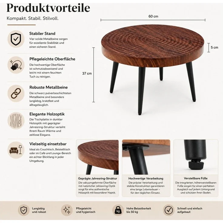 Celya Couchtisch Moderner runder Beistelltisch mit 5cm starker Tischplatte (mit Metallfüßen, vielseitig einsetzbar für Wohnzimmer, Café und Büro) – Bild 3