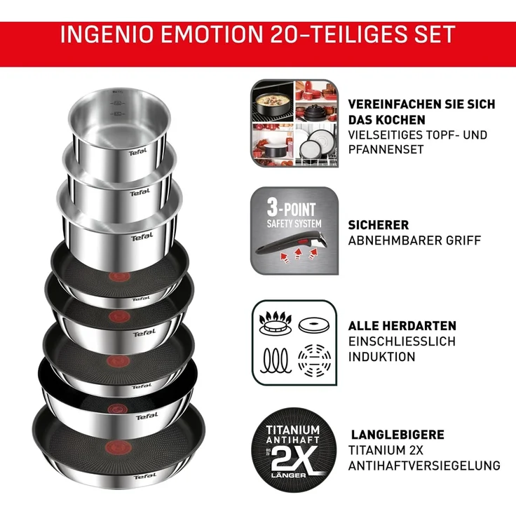 Tefal Ingenio Emotion 20-tlg. Topf und Pfannenset abnehmbarer Griff, mit Zubehör, stapelbar, platzsparend, Topfset Induktion Titanium 2X Antihaftversiegelung, einfache Handhabung und Reinigung, L897SK – Bild 2