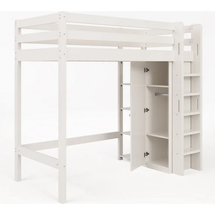 BlingBin Hochbett Kinderbett Einzelbett Jugendbetten 90×200CM (1-St, Weiß, Hochwertiges Material, Leicht zu Montieren) mit Kleiderschrank und 6 Regalen