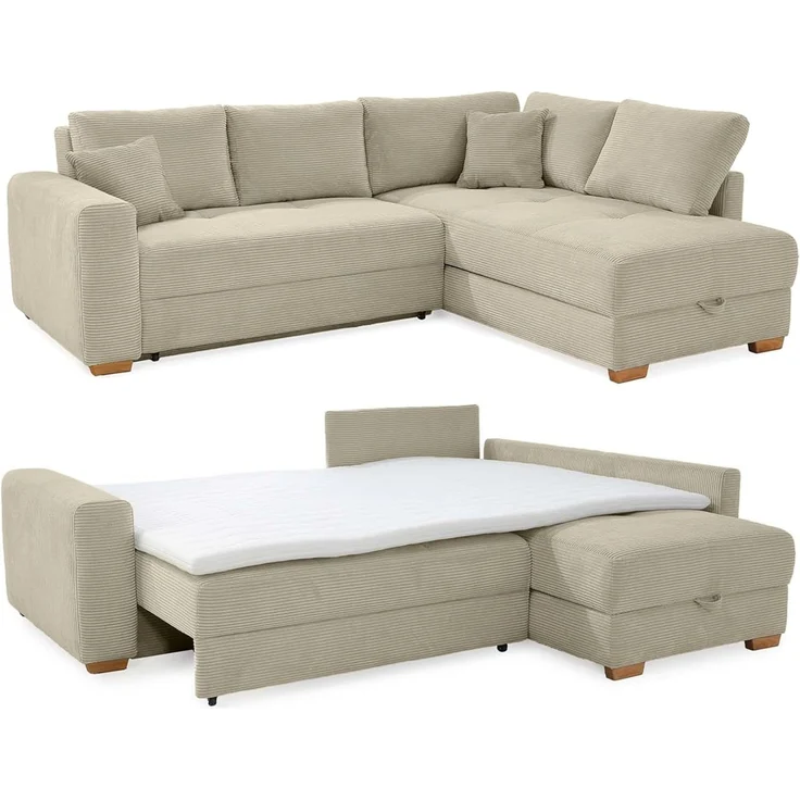 Ecksofa-Dauerschläfer Boxspring Federkern-Couch Topper Bettkasten, Cord Beige Grau – Bild 2