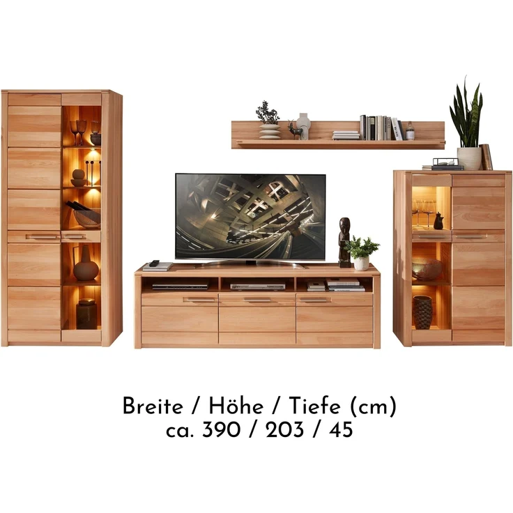 Wohnwand >Nature One< 4-teilig, mit LED, FSC, in Kernbuche teimassiv - 390x203x45cm (B/H/T) – Bild 3