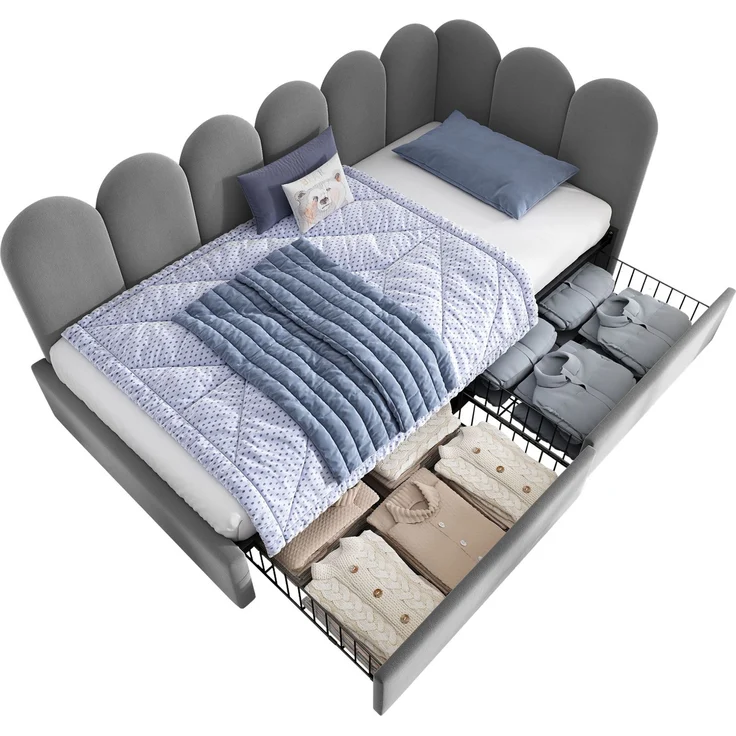 Tagesbett, Samt mit 2 Schubladen & Lattenrost, 90x190 cm, Grau, ohne Matratze – Bild 8