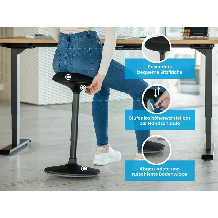 Ergotopia 'Dykó I' Sitz-Stehhocker mit Schwingeffekt, 360° drehbar, höhenverstellbar 57–83 cm, Grau / Weiß – Bild 4