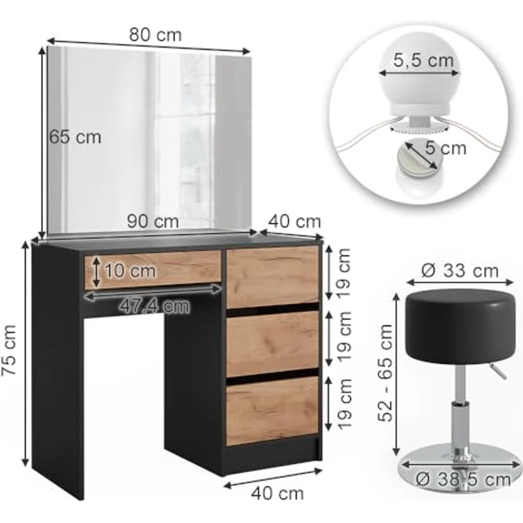 Vicco Schminktisch Sherry, Anthrazit, mit LED-Spiegel, 4 Fächern und 4 Schubladen, 90x75x40 cm, Holzwerkstoff – Bild 3