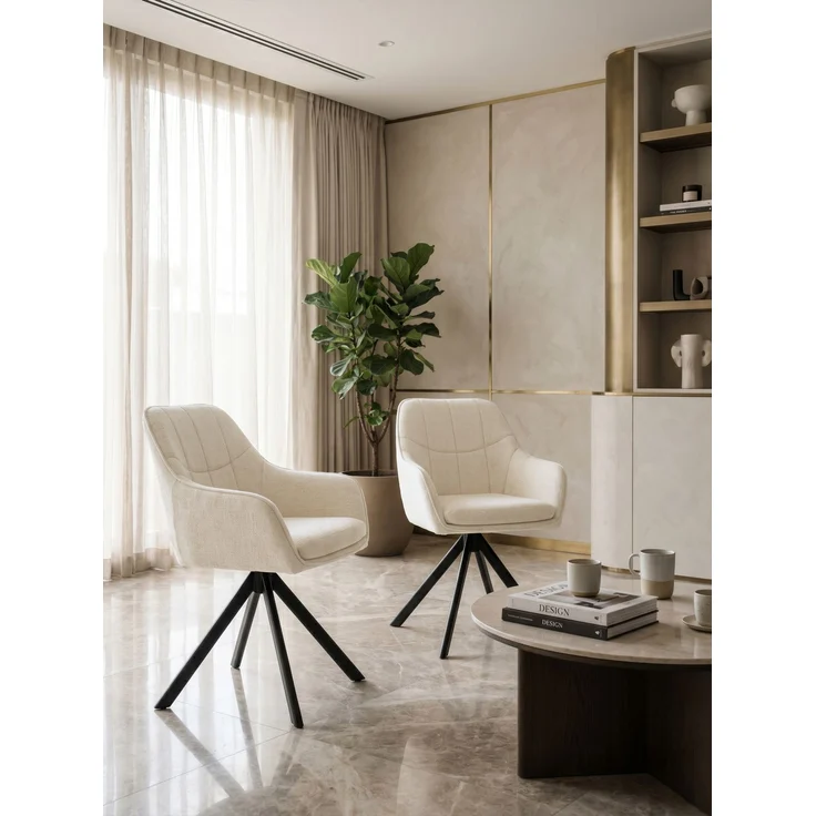 GOEURVANT 1437 Esszimmerstühle 6er-Set mit Armlehnen, 360° Drehbar, Chenille - Creme – Bild 2