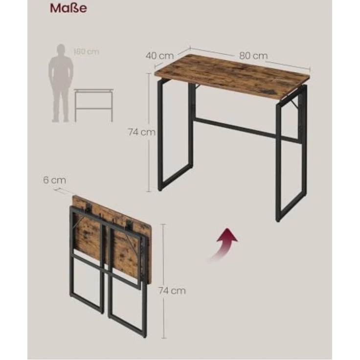 VASAGLE Klapptisch, Kleiner Schreibtisch klappbar, Computertisch, Tischplatte aus einem Stück, abgerundete Ecken, Tisch für Homeoffice, Schlafzimmer, 80x40 cm, vintagebraun LWD151KD01 – Bild 3