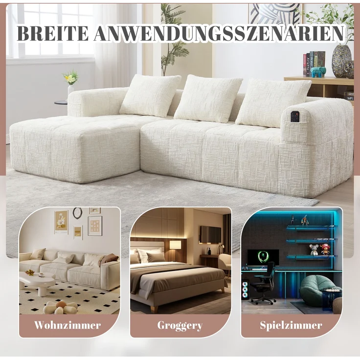 L-Form Sofa (3-Sitzer) mit Chaiselongue, Chenille, ohne Montage, 250x158x60 cm, Beige – Bild 8