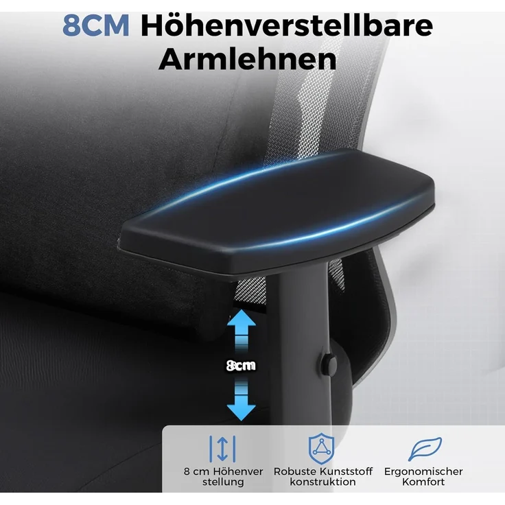 COMHOMA Bürostuhl Ergonomisch [TESTSIEGER], Schreibtischstuhl mit 3D-Kopfstütze & 3D-Lendenwirbelstütze, verstellbare Armlehnen, Office Chair mit Wipp- und Kippfunktion,Belastung bis 150KG, Schwarz – Bild 4