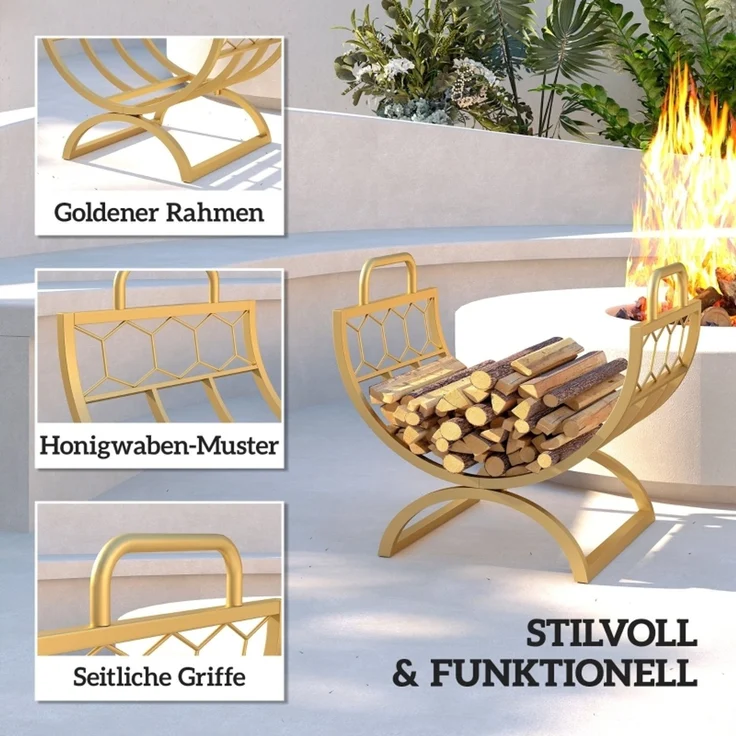 Kaminholzregal für innen 46 x 36 x 41cm Brennholzregal für Kamin Ofen Metall Gold--Gold--46x36x41cm--YOUDENOVA – Bild 5