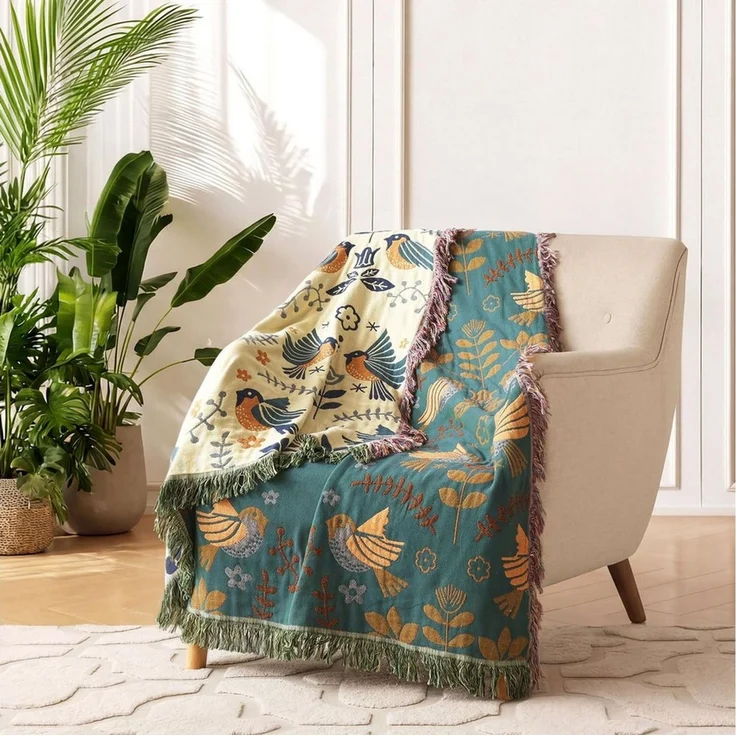 Diwzbyn Tagesdecke Boho Tagesdecke, Weiche Sommerdecke mit Vogel- & Blumenstickerei, Leichte Ganzjahresdecke für Bett, Sofa, Couch & Stuhl, Atmungsaktiv – Bild 4