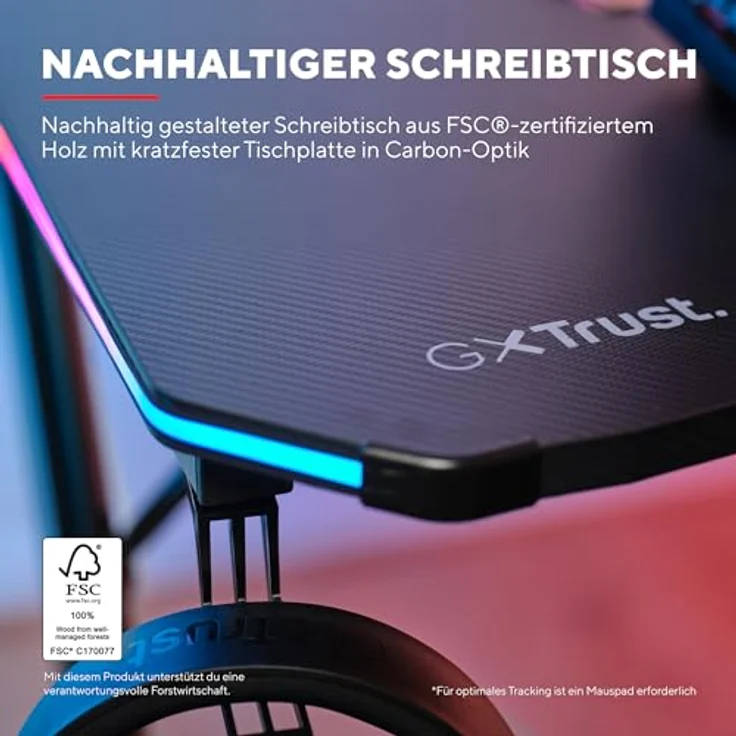 Trust Gaming GXT 709 Luminus RGB Gaming Tisch mit LED Beleuchtung, 10 Modi, USB-Betrieb, Gaming Schreibtisch mit Headset und Getränkehalter, Computertisch 120x60 für Büro, Gamer - Schwarz – Bild 7