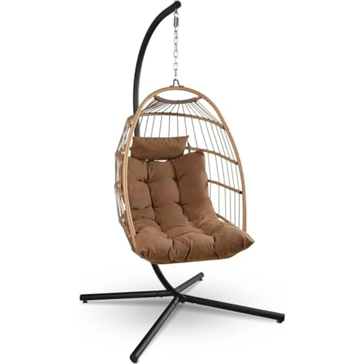 SereneLife Hängesessel mit Gestell – Rattan Hängesessel Outdoor & Indoor Wetterfest – Schaukel für Kinder & Erwachsene bis 250 kg mit Dicke Kissen – Faltbarer Schaukelsessel für Terrasse & Wohnzimmer – Bild 2