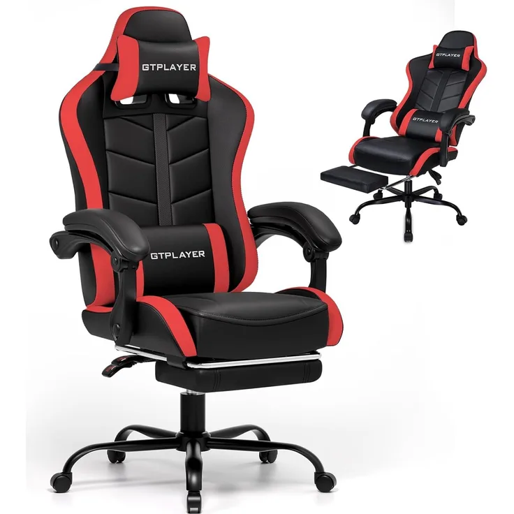 GTPLAYER Gaming Stuhl, Bürostuhl Gamer Stuhl, Ergonomischer Gamer Sessel mit Fußstütze, Gaming Chair PU Leder PC-Stuhl Verbreiterte Rückenlehne 150KG, Rot
