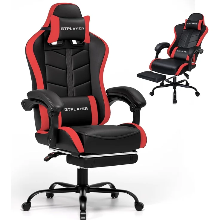 GTPLAYER Gaming Stuhl, Bürostuhl Gamer Stuhl, Ergonomischer Gamer Sessel mit Fußstütze, Gaming Chair PU Leder PC-Stuhl Verbreiterte Rückenlehne 150KG, Rot