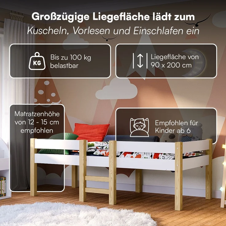 Bellabino 'Aspy' Halbhochbett 90x200 cm mit Matratze, weiß, Kinderbett mit Rausfallschutz und Lattenrost, Hochbett mit Leiter – Bild 4