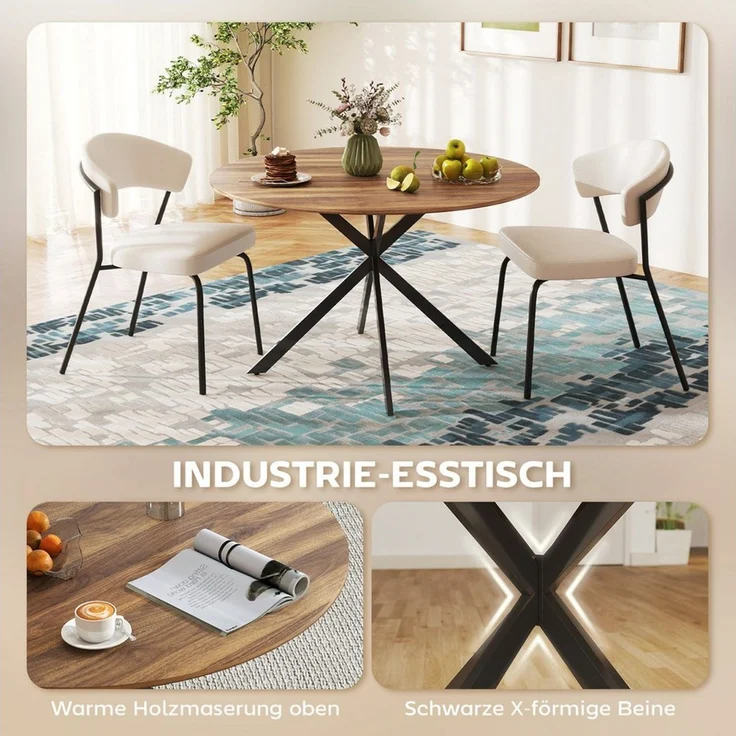 HOMCOM Esstisch Küchentisch im Industriestil mit Stahlbeinen für 4 Personen (für Esszimmer, Küche, Wohnzimmer, 1-St, rund, 120 x 120 x 75 cm), Braun – Bild 4