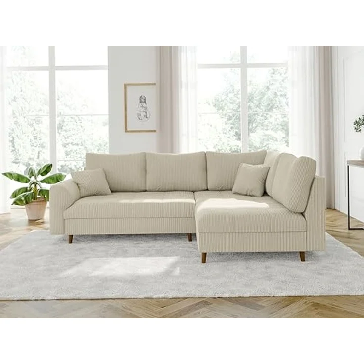 S-Style Möbel Ecksofa Zara mit Braun Holzfüßen im skandinavischen Stil aus Cord-Stoff, Ottomane links oder rechts bestellbar, mit Wellenfederung – Bild 2
