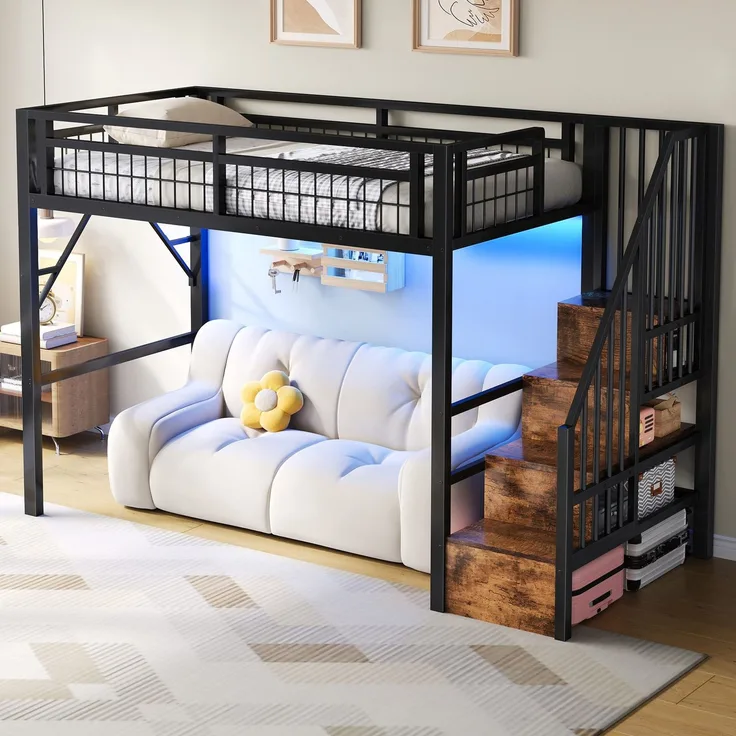 Hochbett mit RGB LED-Streifen, Lattenrost, Treppe, Regal, Rausfallschutz, 90x200cm, Kinderbett, Metallbett, Jugendbett