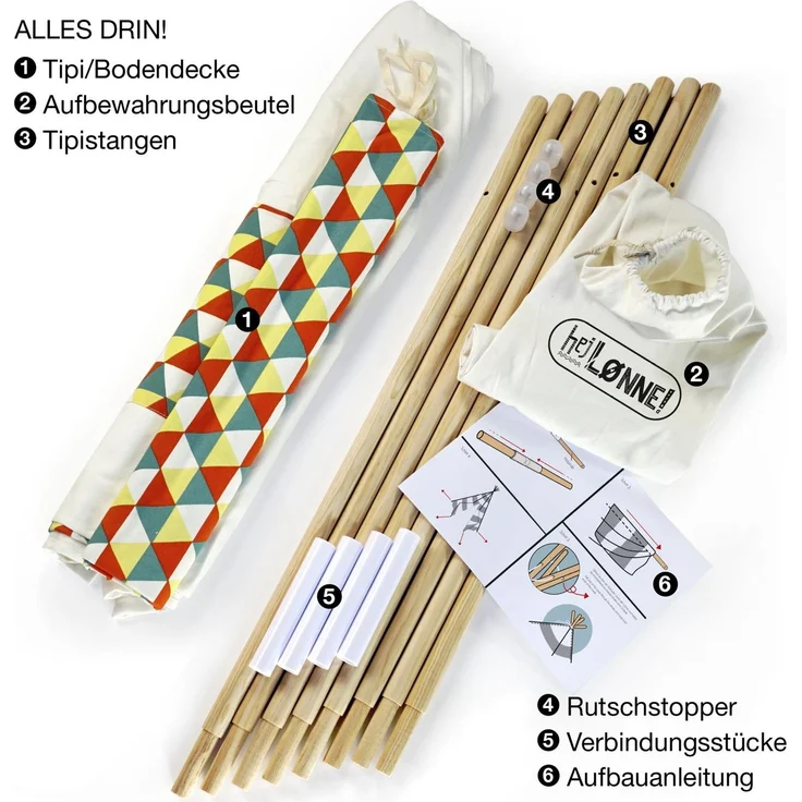 Hej Lønne Tipi Zelt für Kinder (Farbige Bemusterung), Indianerzelt, 4 Stangen, 120x120x150cm, Baumwolle – Bild 3