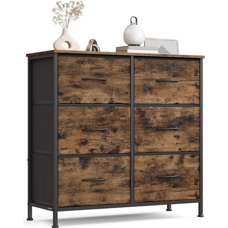 SONGMICS Kommode, Schrank, 6 Stoffschubladen, Aufbewahrungsschrank, Stahl, MDF, Vliesstoff, für Schlafzimmer, Flur, Wohnzimmer, vintagebraun-tintenschwarz LGS123BH04