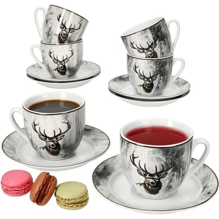 MamboCat Tasse 6er Set Alois Kaffeetassen mit Untertassen 6 Personen Porzellan Hirsch, Porzellan