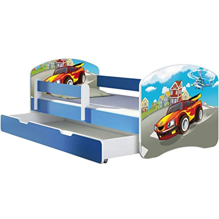 ACMA Kinderbett Jugendbett mit Einer Schublade und Matratze Blau mit Rausfallschutz Lattenrost II 140x70 160x80 180x80 (03 Racing Car, 140x70 + Bettkasten) – Bild 2