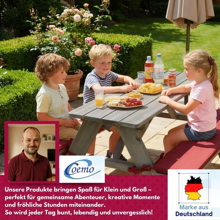 Coemo Kinder-Sitzgruppe Grau Picknicktisch mit Polster Spieltisch Gartentisch Holz – Bild 8