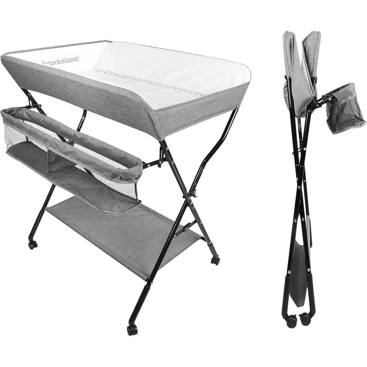 OHMG Baby Wickelkombi Klappbare Wickelkommode,Wickeltisch mit Rollen,Mobiler Wickeltisch mit Wickelauflage,Sicherheitsgurt und Ablagefächern,Wasserdicht und Höhenverstellbar,Stabil