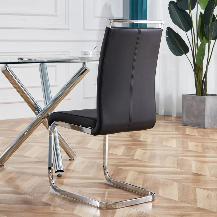 Freischwinger Stühle 4er-Set mit Kunstleder, ergonomischer Sitzkomfort, hohe Rückenlehne, verchromtes Metallgestell,Schwarz – Bild 3