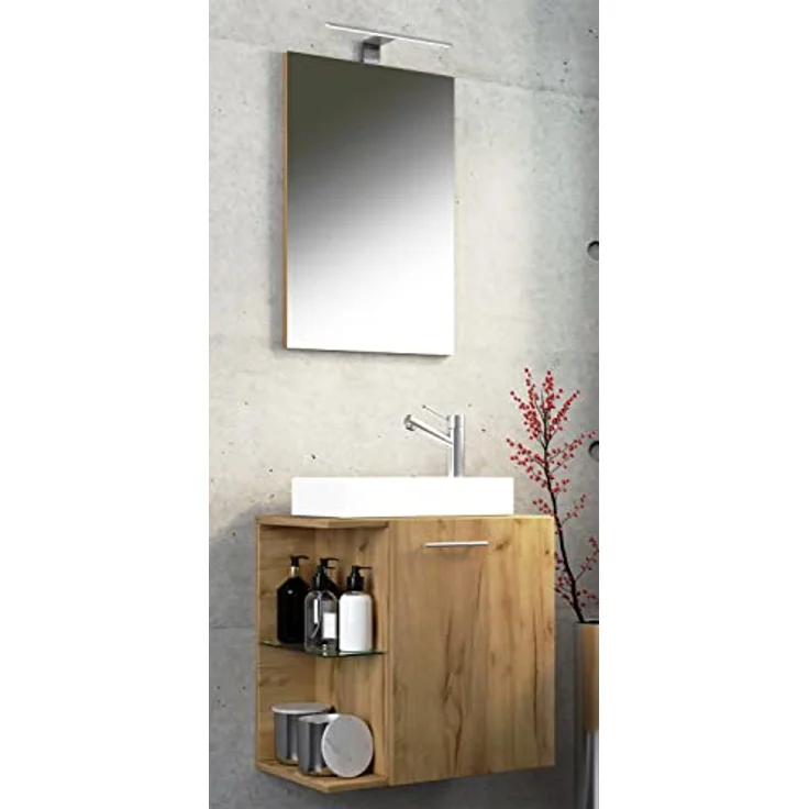 VCM Waschplatz Hausa, 3-tlg. Badmöbelset mit Spiegel, Waschbeckenunterschrank und hochwertigem Keramikwaschbecken, für Gäste-WC – Bild 2