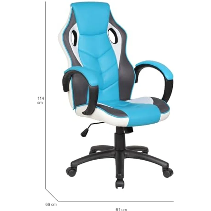 Dmora Sedia Con ruote Caloundra, Poltrona da Gaming Adulto, Sedia da scrivania, 66x61h104/114 cm, Azzurro e Bianco – Bild 4