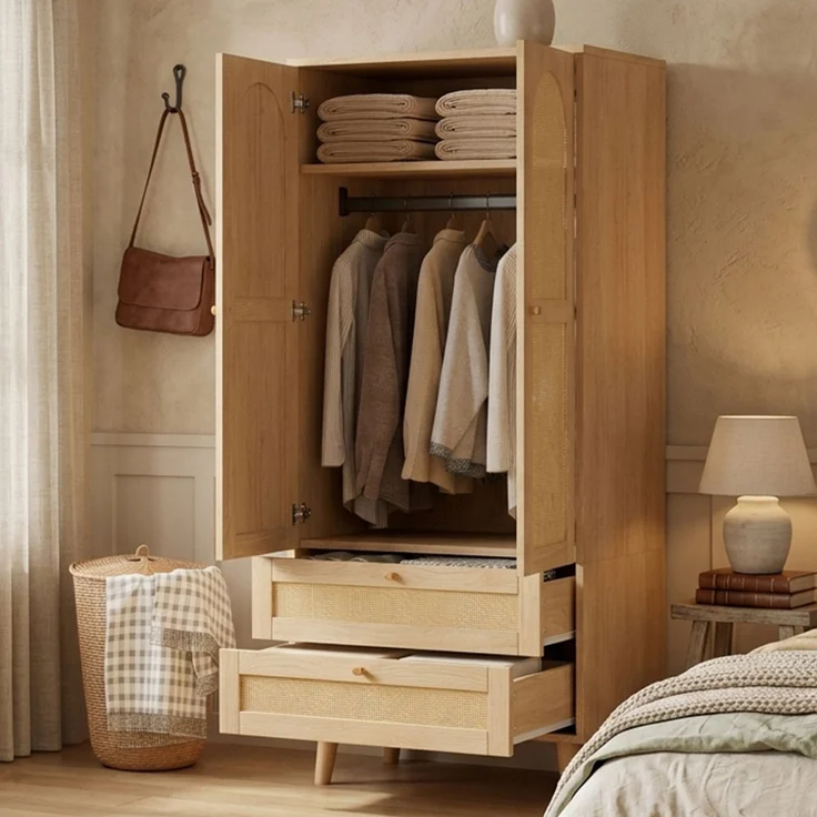 Kleiderschrank in Naturholz-Optik, Mehrzweckschrank mit Rattan-Design, Kleiderstange, Ablagefächern und 2 Schubladen, moderner Garderobenschrank für Schlafzimmer, Flur und Ankleidezimmer--Natürlich--80x50x180cm--YOUDENOVA – Bild 5