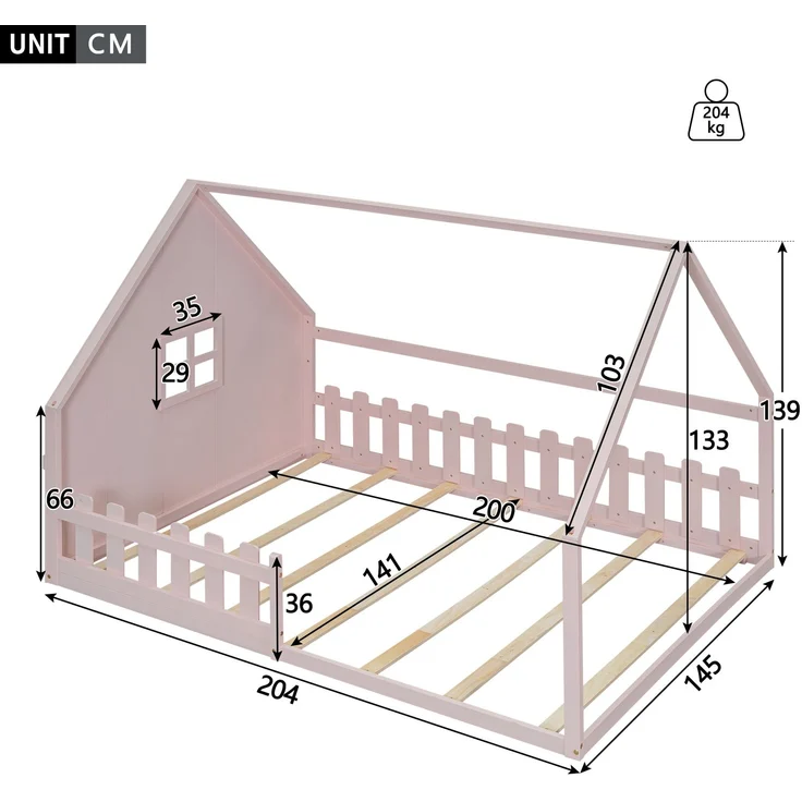 Kinderbett Hausbett 140x200 cm mit Geländer,Montessori Holzbett aus Kiefernholz, Kinder Haus-Bett mit Dachrahmen,Rosa – Bild 5