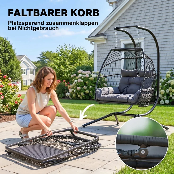 Hängestuhl, faltbarer Korbstuhl mit Kissen, Stahlrahmen, für drinnen und draußen, bis zu 260 kg belastbar, Dunkelgrau--Dunkelgrau--185x100x170cm--YOUDENOVA – Bild 9