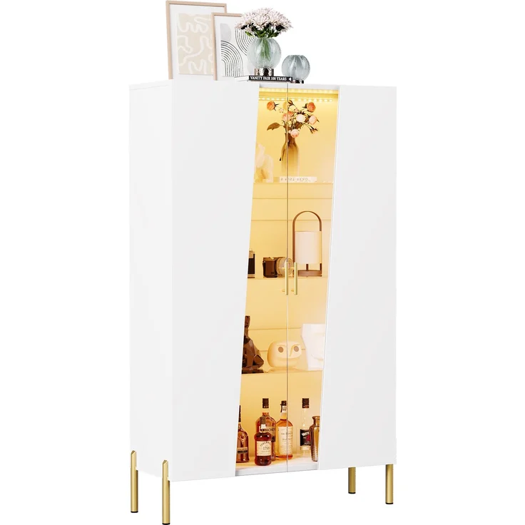 LED-Beleuchteter Glasschrank 72 x 40 x 145 cm, mit asymmetrischer gehärteter Glastür, 3 Glasböden, Metallgriff und Metallfüßen, als Vitrine, Esszimmerschrank, Bücherregal--Weiß--72x40x145cm--YOUDENOVA – Bild 6