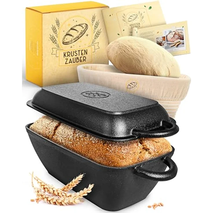 Krustenzauber Brotbackform 30cm Gusseisen Bräter mit Deckel backofengeeignet inkl. Gärkorb, (eckiger Topf Brot Backen - Ideal als Ofenform), Induktion, Brotbacktopf, Zubehör – Bild 2