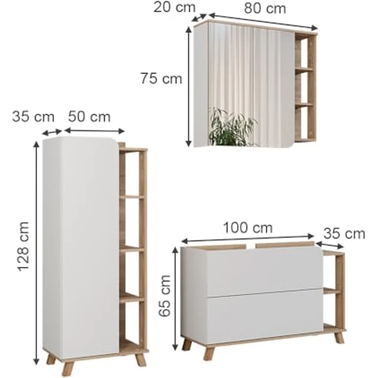 Vichy Badmöbel-Set Karen, Sonoma/Weiss, 3 Teile mit integrierter Beleuchtung und geräumigem Waschbeckenunterschrank – Bild 2