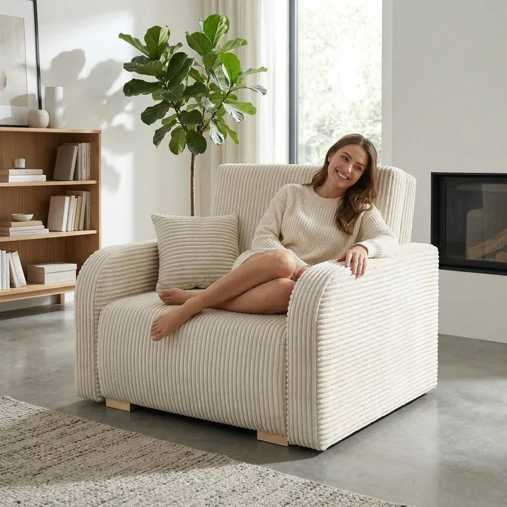 Wohnero24 Lirena 1 Schlafsessel mit Bettfunktion 80x195 cm – Cord Sessel ausziehbar 103x95 cm mit Bettkasten, kleines Gästebett, platzsparendes Einzelschlafsofa - Creme