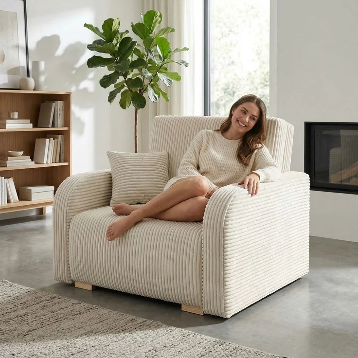 Wohnero24 Lirena 1 Schlafsessel mit Bettfunktion 80x195 cm – Cord Sessel ausziehbar 103x95 cm mit Bettkasten, kleines Gästebett, platzsparendes Einzelschlafsofa - Creme – Bild 1